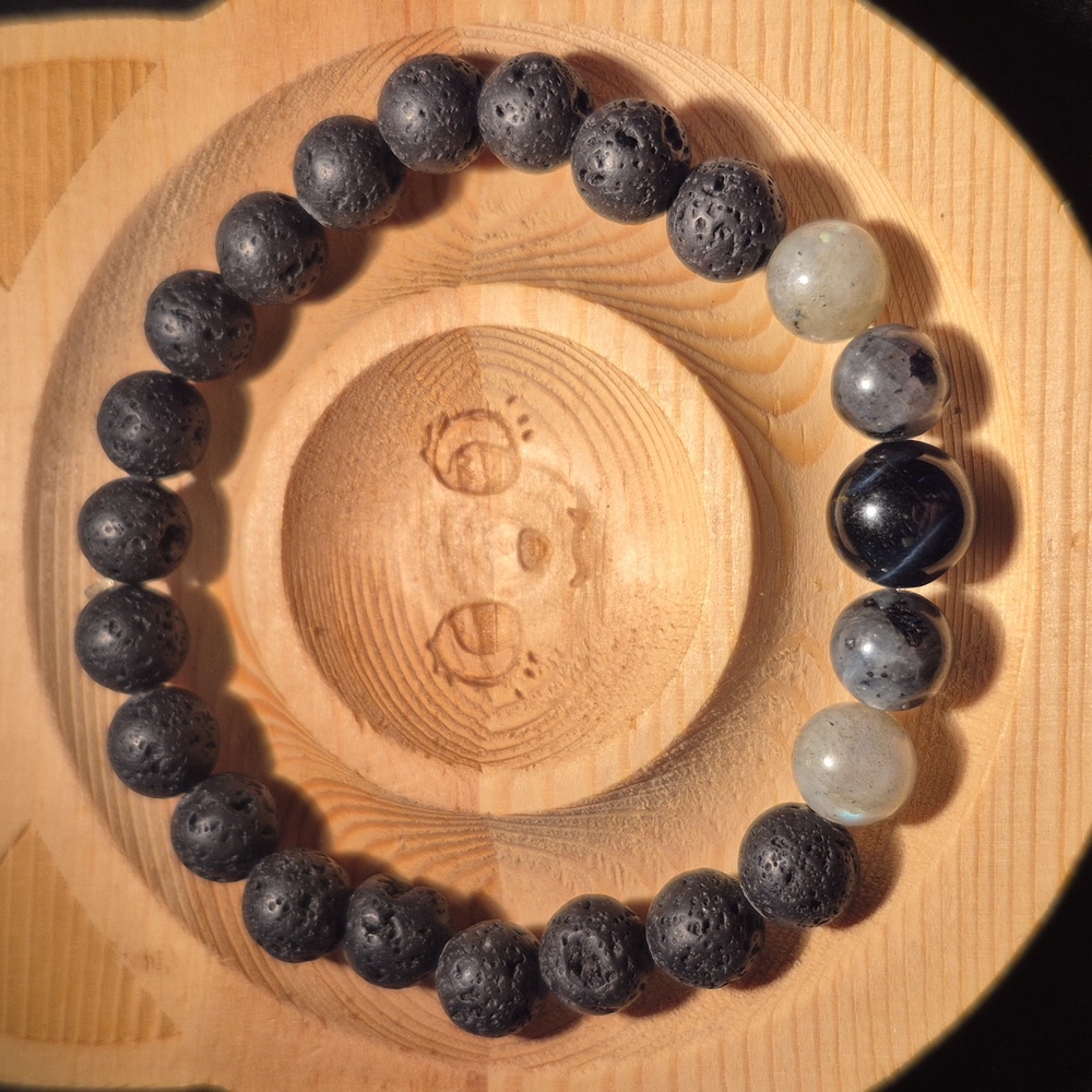 Artisan Crafted Gray and Black Moonstone, Labradorite and lava beads
